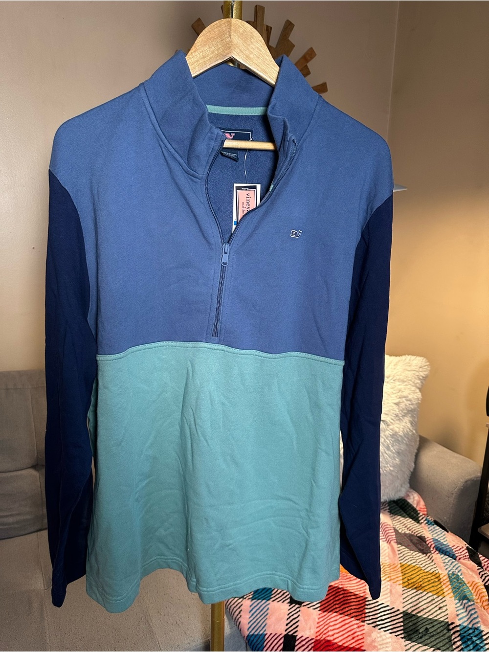 Vineyard Vines Colorblock Quarter-Zip Pullover Sweatshirt in Blue & Teal Shep